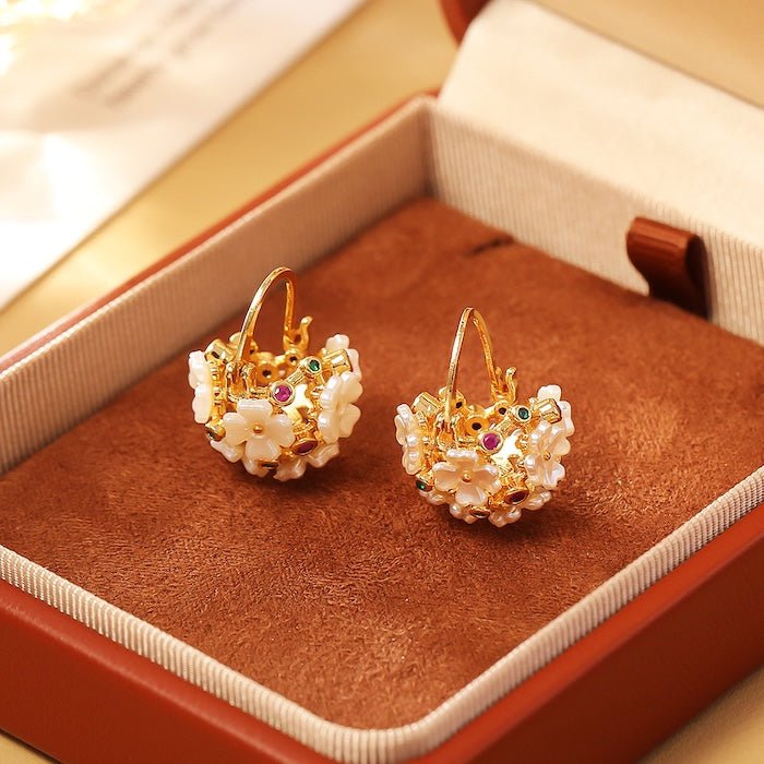 Romantic flower basket hoop earrings