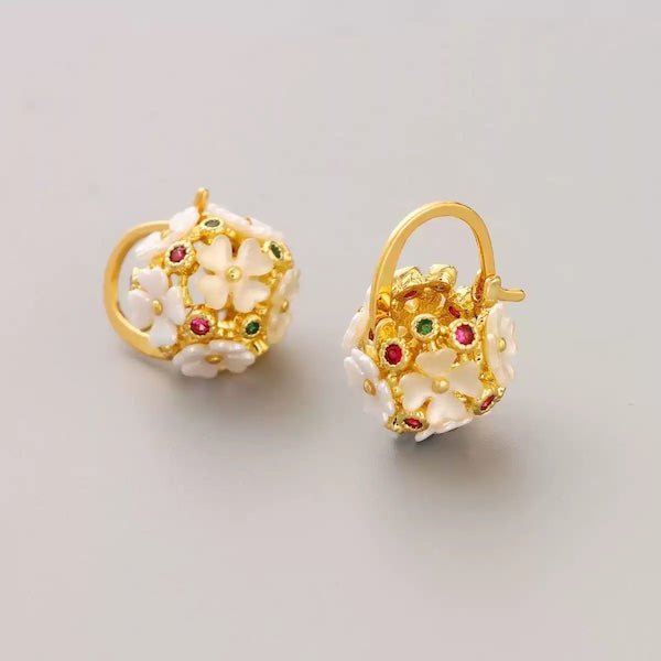Romantic flower basket hoop earrings