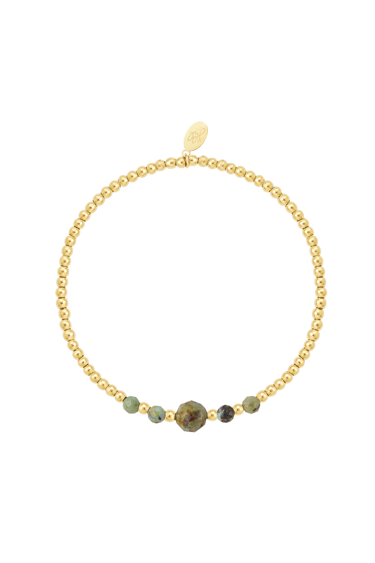 Bracelet | Gold bracelet with gold/green/black beads