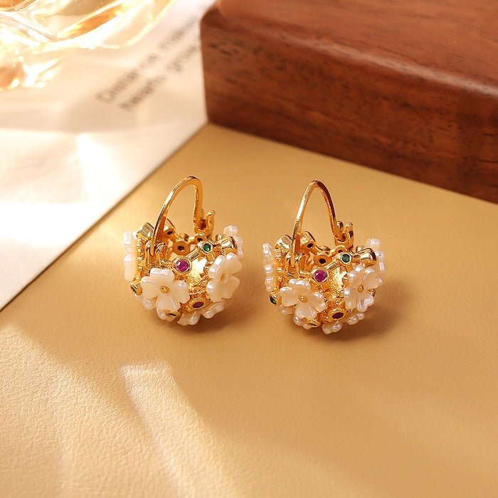 Romantic flower basket hoop earrings