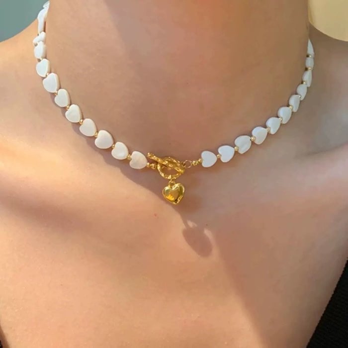 Moeder van parel hart kralen ketting met ot buckle